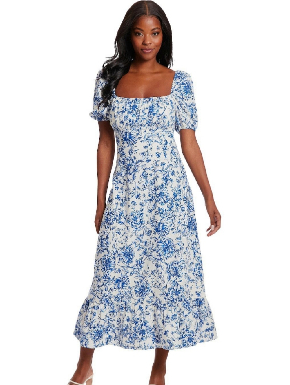 Clover & Sloane Linen Blue and White Floral Puff Sleeve Dress
